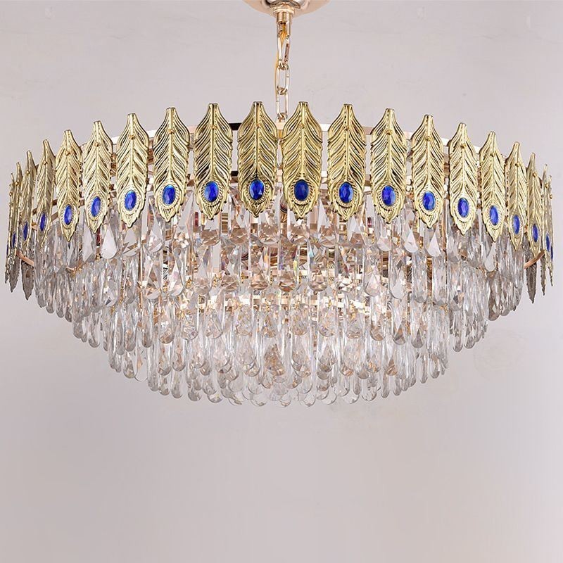 Pendente de Cristal Pena Dourada Duplex Luminária Decorativa de Teto