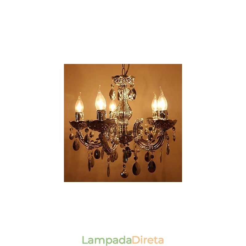 Lustre moderno estilo cristal acrílico prateado com 5 luzes