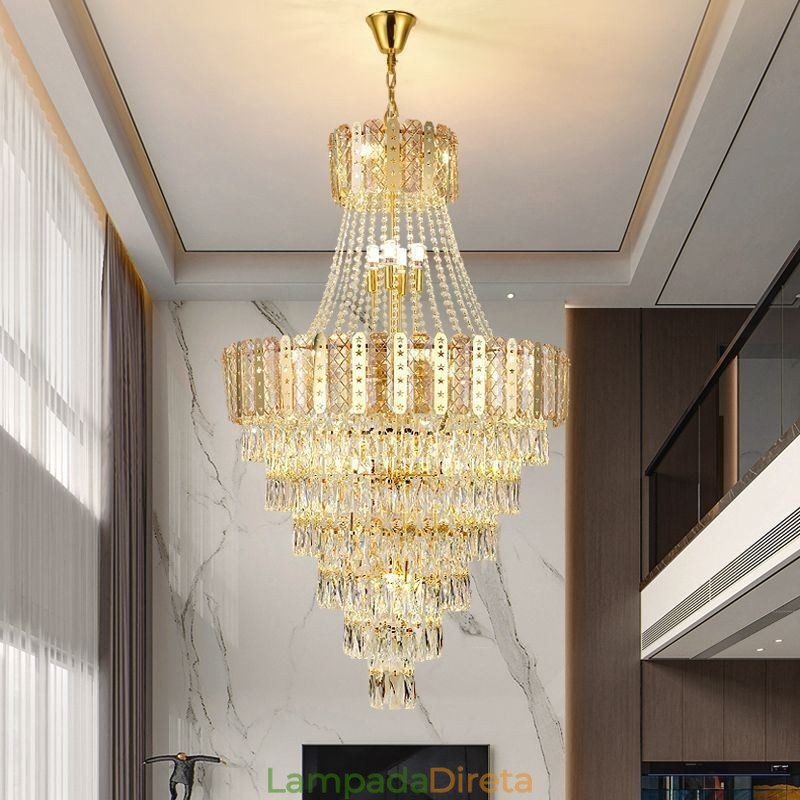 Luminária pendente de cristal cônico Luminária de teto decorativa duplex requintada
