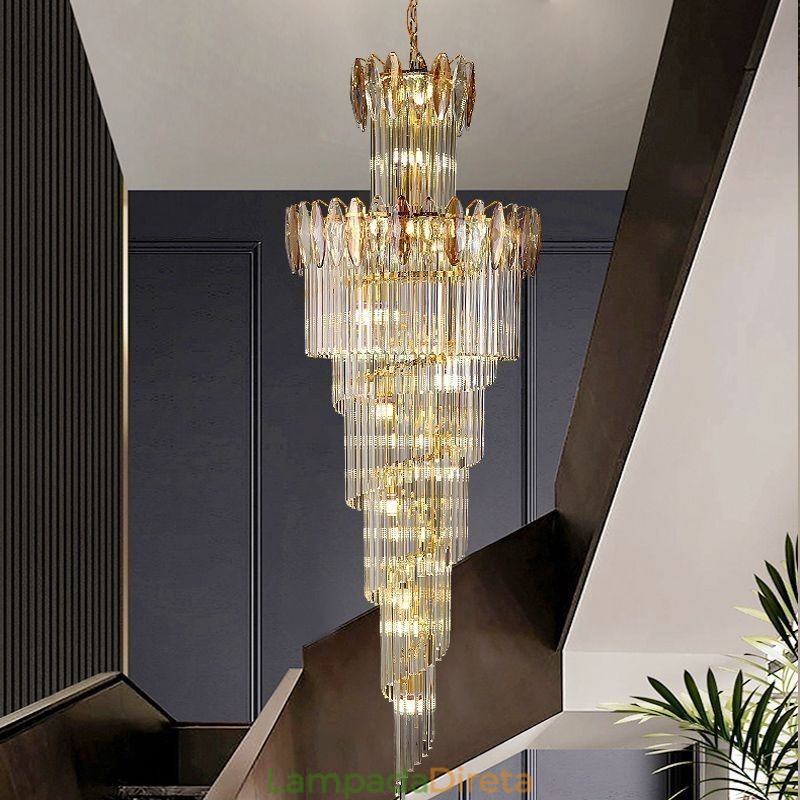 Luminária pendente de cristal Duplex cônica decorativa de teto 70cm