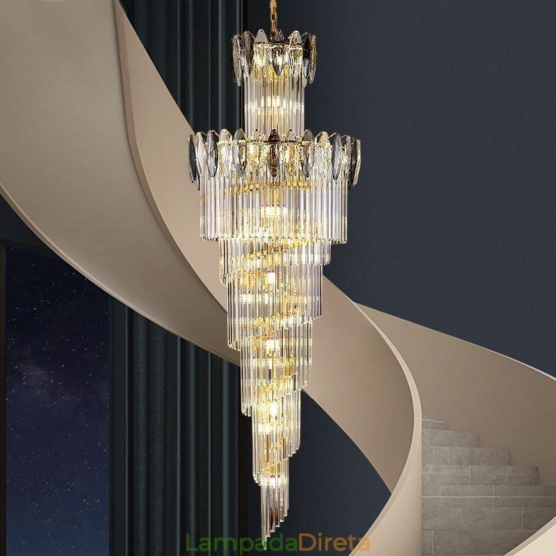 Luminária pendente de cristal Duplex cônica decorativa de teto 70cm