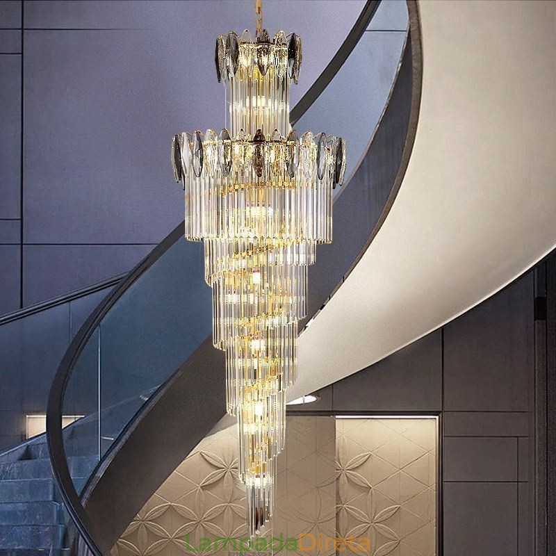 Luminária pendente de cristal Duplex cônica decorativa de teto 70cm