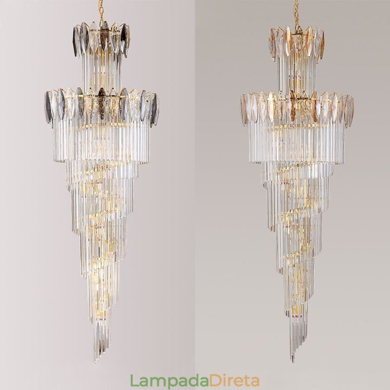 Luminária pendente de cristal Duplex cônica decorativa de teto 70cm