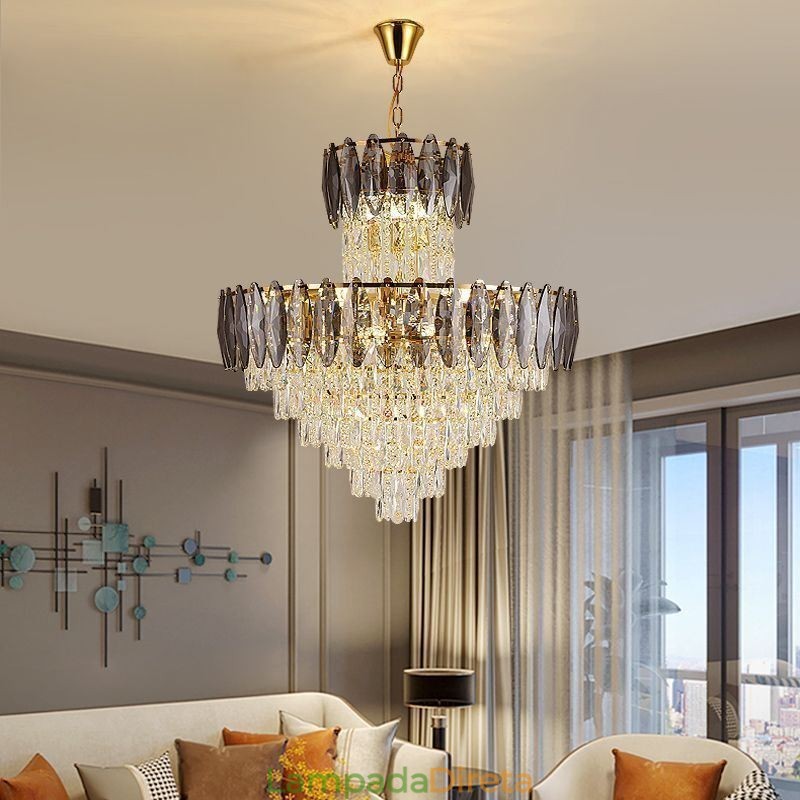 Luminária pendente de cristal cônica Duplex Luminária de teto decorativa 80cm
