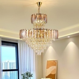 Luminária pendente de cristal cônica Duplex Luminária de teto decorativa 80cm