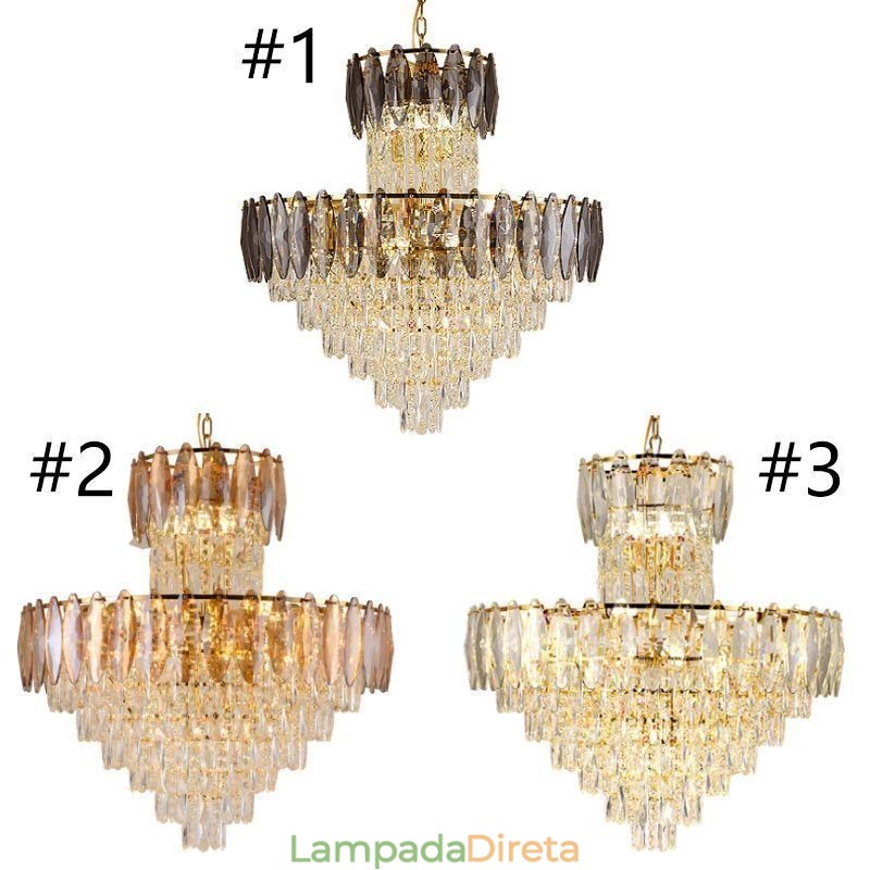 Luminária pendente de cristal cônica Duplex Luminária de teto decorativa 80cm