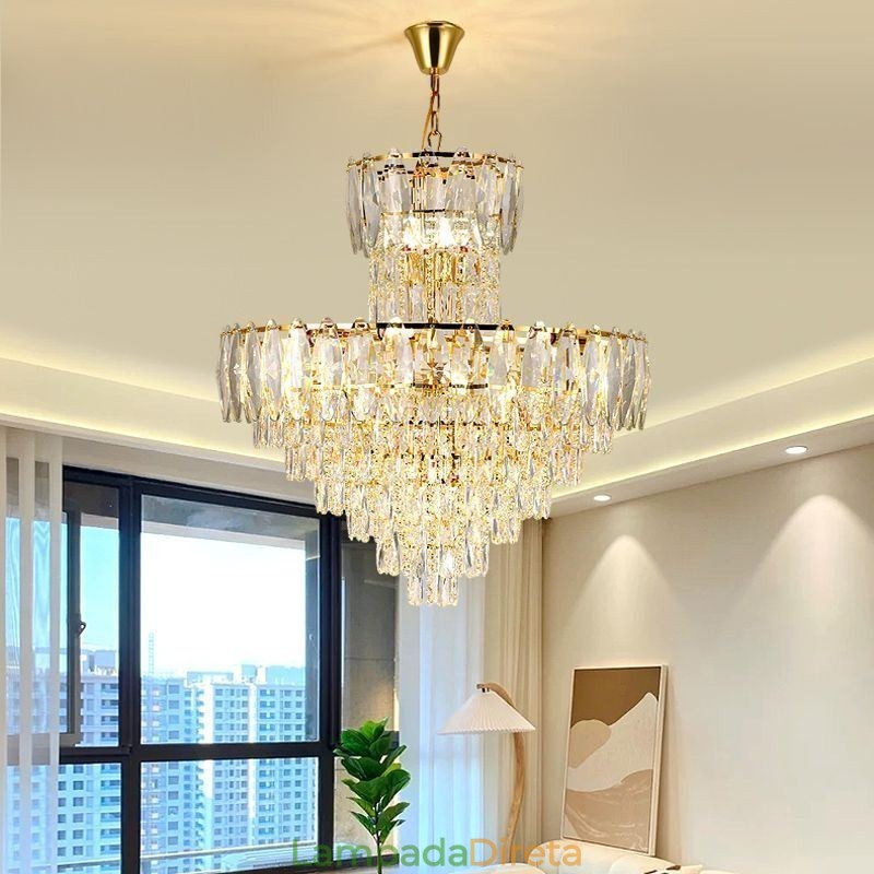 Luminária pendente de cristal cônica Duplex Luminária de teto decorativa 80cm