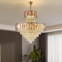 Luminária pendente de cristal cônica Duplex Luminária de teto decorativa 80cm