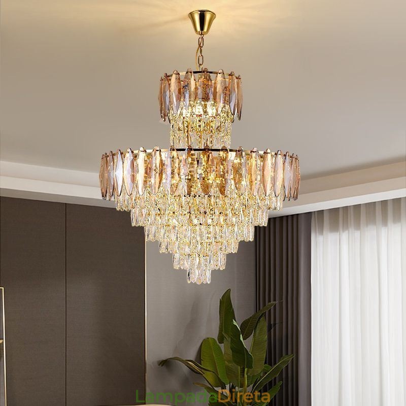 Luminária pendente de cristal cônica Duplex Luminária de teto decorativa 80cm