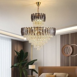 Luminária pendente de cristal cônica Duplex Luminária de teto decorativa 80cm