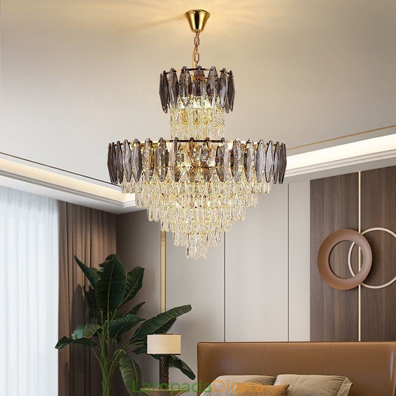 Luminária pendente de cristal cônica Duplex Luminária de teto decorativa 80cm