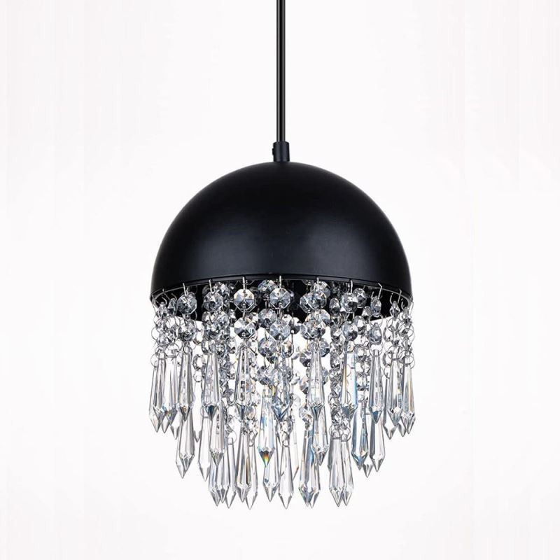 Luminária de teto pendente de cristal com borla e tampa de panela preta Abajur