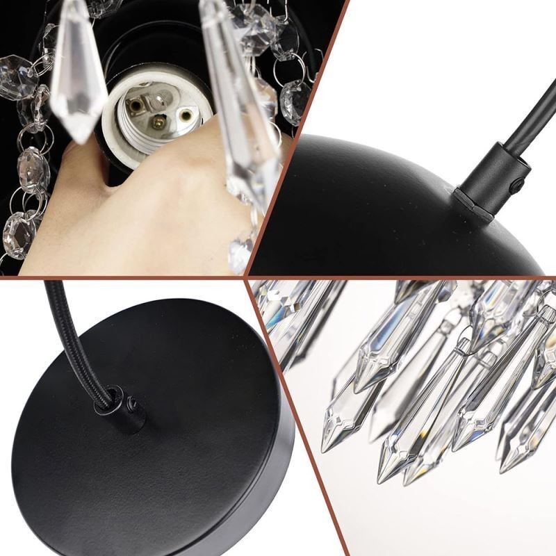 Luminária de teto pendente de cristal com borla e tampa de panela preta Abajur