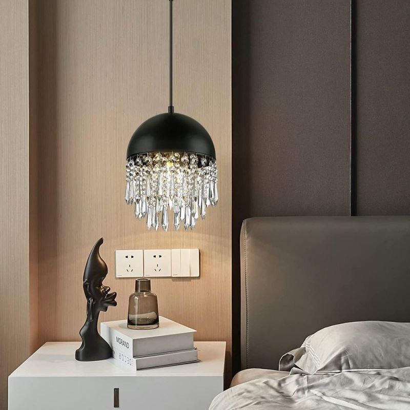 Luminária de teto pendente de cristal com borla e tampa de panela preta Abajur
