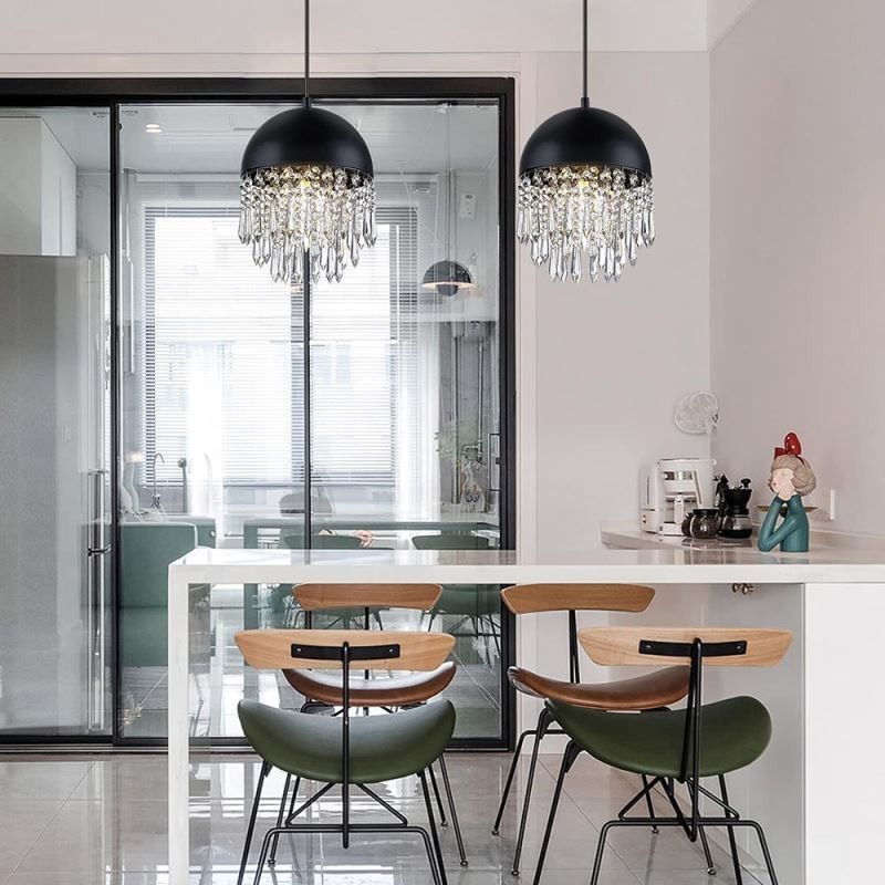 Luminária de teto pendente de cristal com borla e tampa de panela preta Abajur