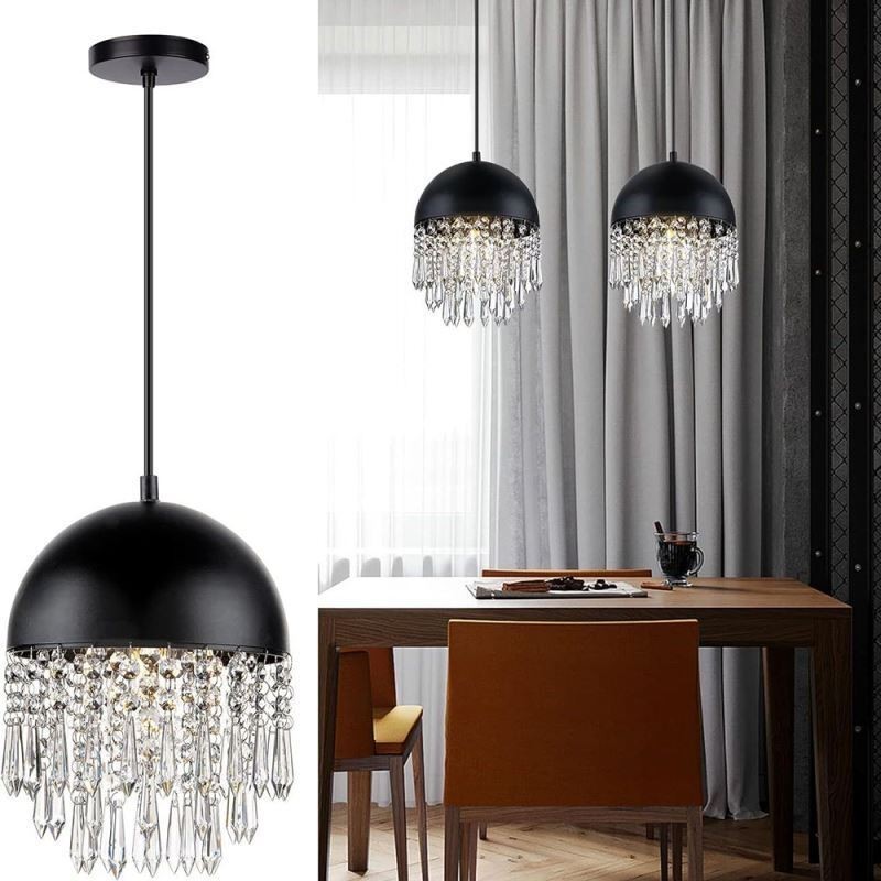 Luminária de teto pendente de cristal com borla e tampa de panela preta Abajur