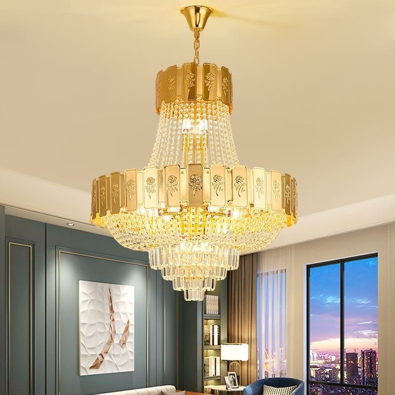 Luminária pendente de cristal dourado elegante e decorativa para teto