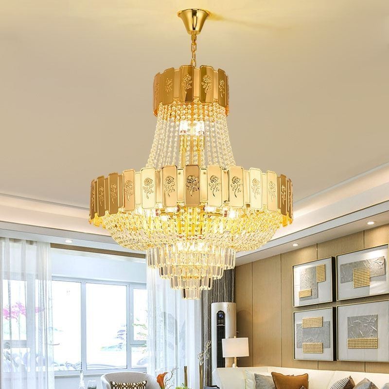 Luminária pendente de cristal dourado elegante e decorativa para teto