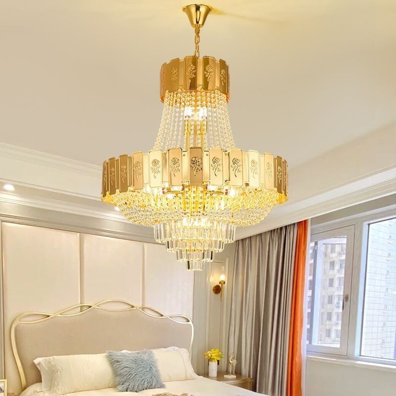 Luminária pendente de cristal dourado elegante e decorativa para teto