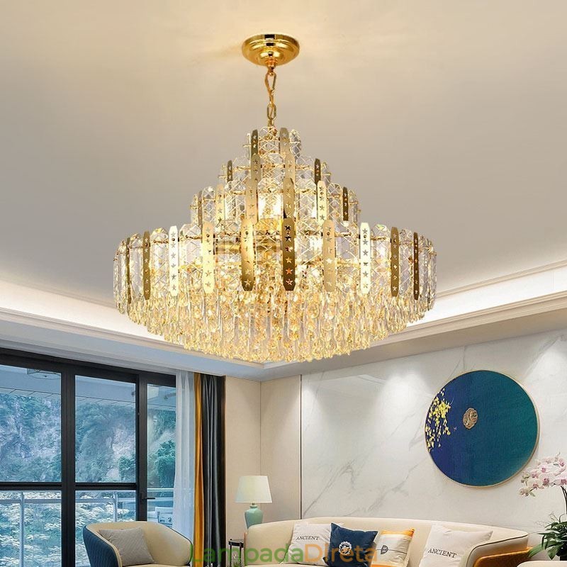 Luminária pendente de cristal do quarto andar – Luminária de teto decorativa de luxo com chapa de ferro oca dourada