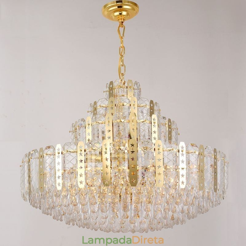 Luminária pendente de cristal do quarto andar – Luminária de teto decorativa de luxo com chapa de ferro oca dourada