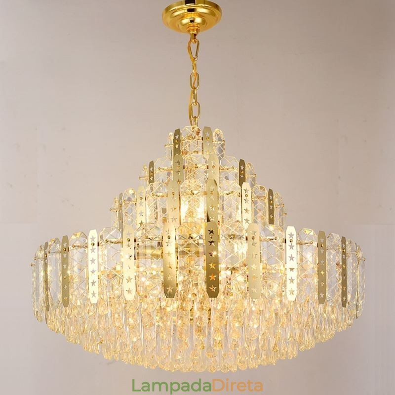 Luminária pendente de cristal do quarto andar – Luminária de teto decorativa de luxo com chapa de ferro oca dourada