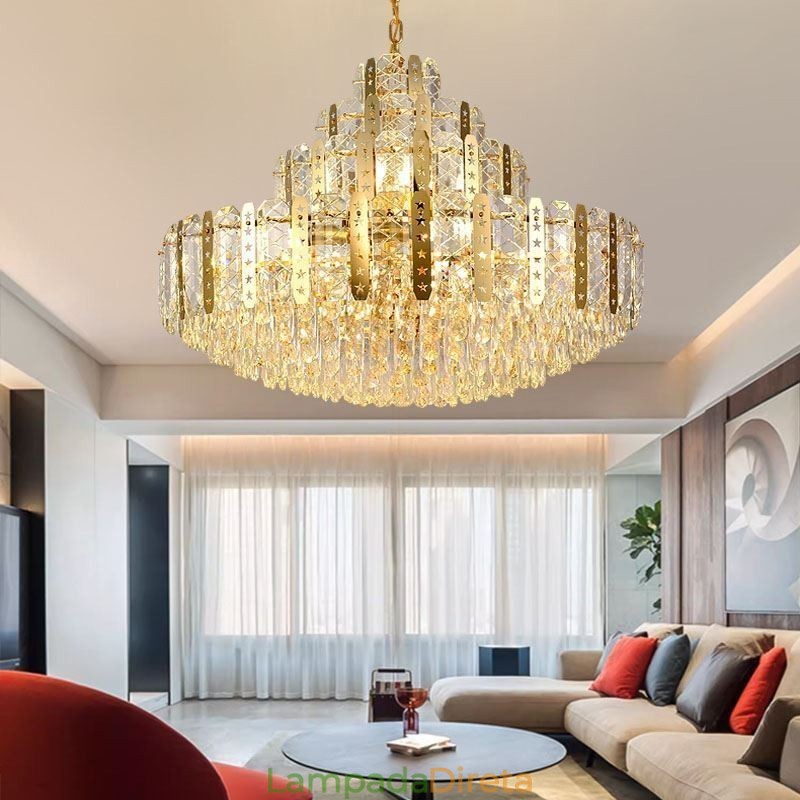 Luminária pendente de cristal do quarto andar – Luminária de teto decorativa de luxo com chapa de ferro oca dourada