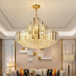 Luminária pendente de cristal do quarto andar – Luminária de teto decorativa de luxo com chapa de ferro oca dourada