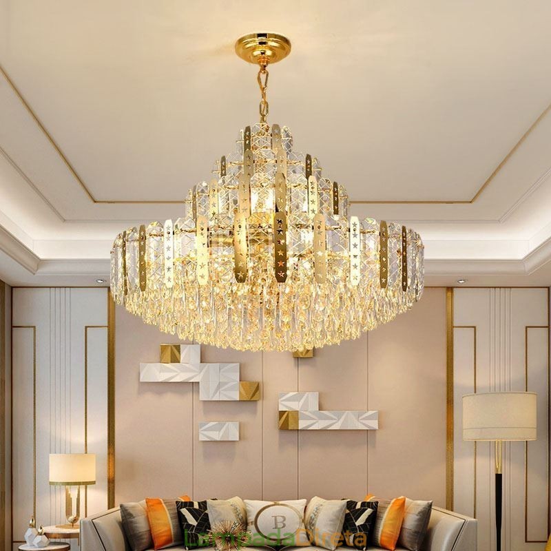 Luminária pendente de cristal do quarto andar – Luminária de teto decorativa de luxo com chapa de ferro oca dourada