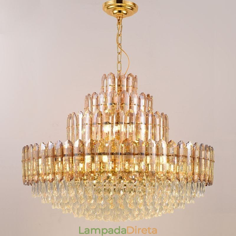 Luminária pendente de cristal com quatro camadas, luminária decorativa de luxo para teto, 80 cm