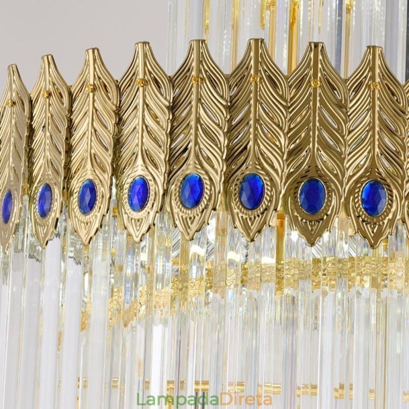 Luminária pendente de cristal dourado Luminária de teto com abajur em formato de cauda de fênix dourada galvanizada