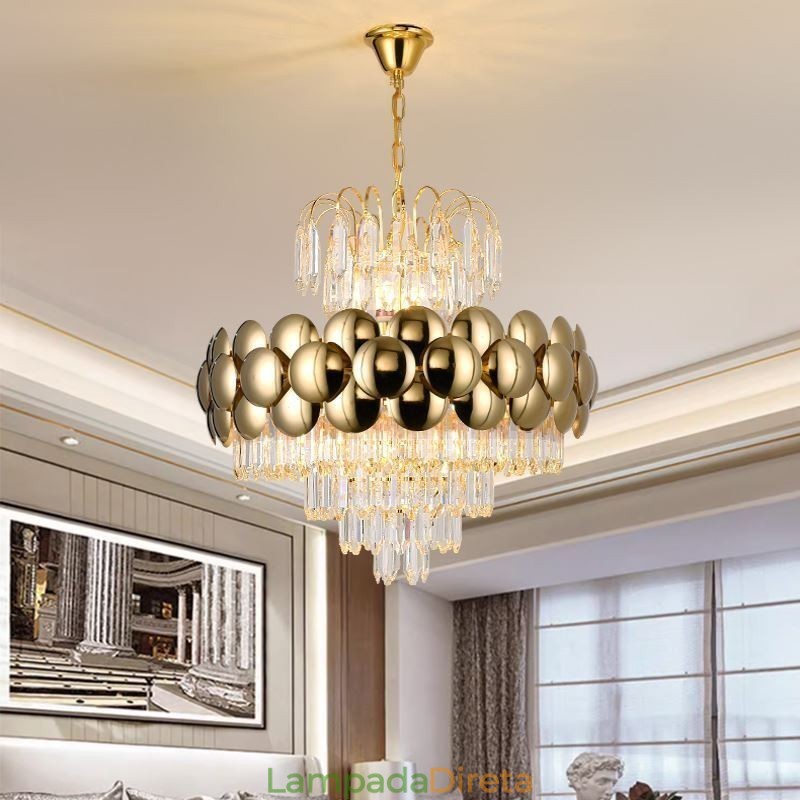 Luminária pendente de cristal galvanizada dourada luxuosa decorativa de teto 60cm