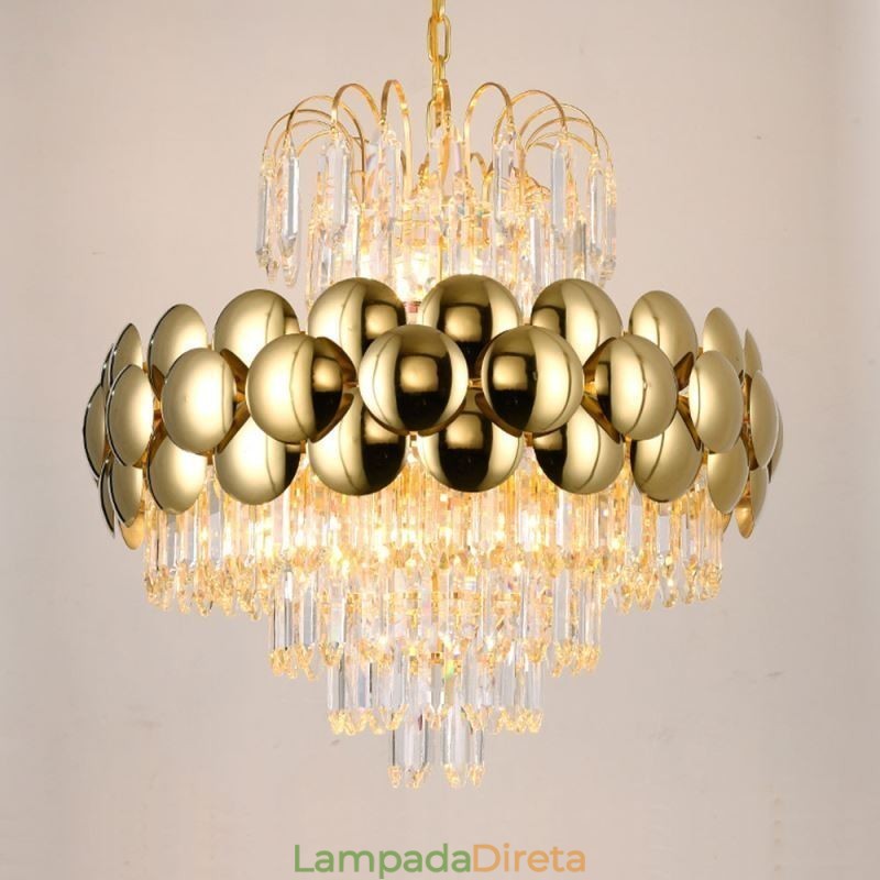 Luminária pendente de cristal galvanizada dourada luxuosa decorativa de teto 60cm