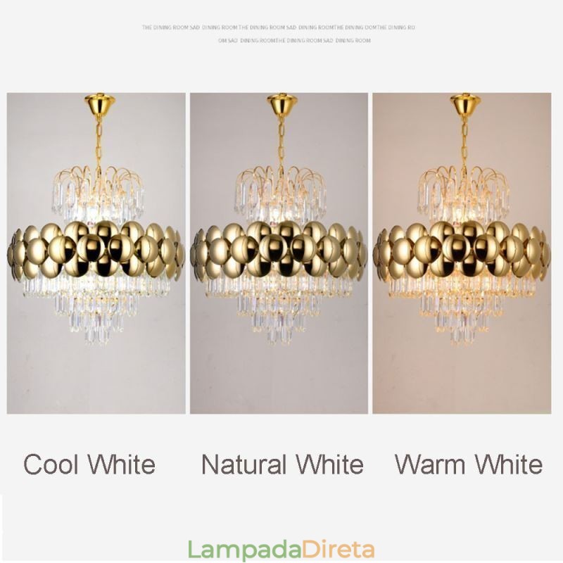 Luminária pendente de cristal galvanizada dourada luxuosa decorativa de teto 60cm