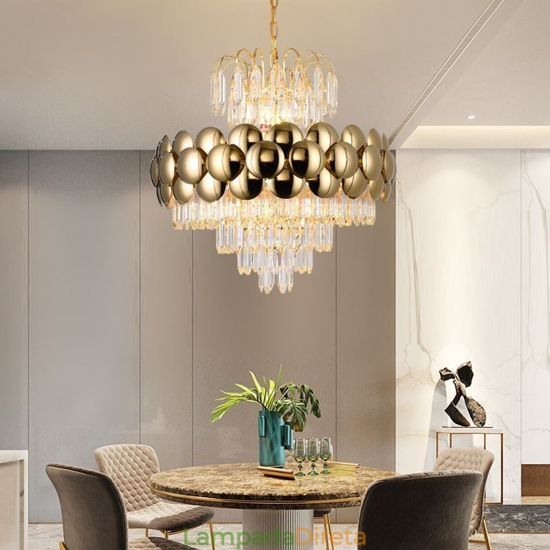 Luminária pendente de cristal galvanizada dourada luxuosa decorativa de teto 60cm