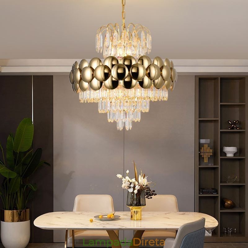 Luminária pendente de cristal galvanizada dourada luxuosa decorativa de teto 60cm