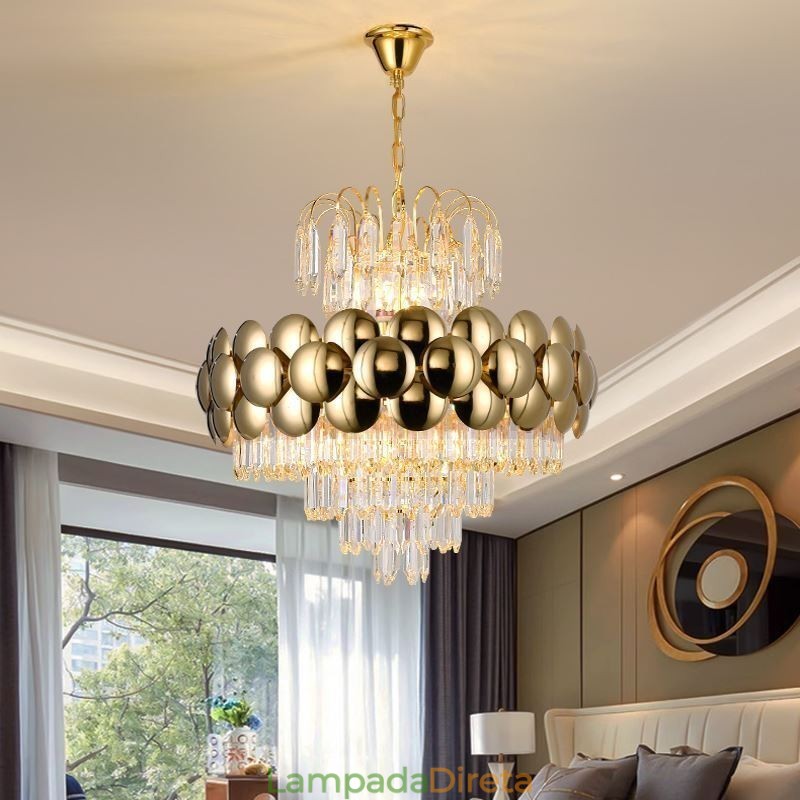 Luminária pendente de cristal galvanizada dourada luxuosa decorativa de teto 60cm