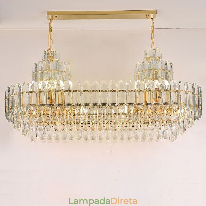 Luminária pendente de cristal retangular de luxo decorativa de teto 100cm