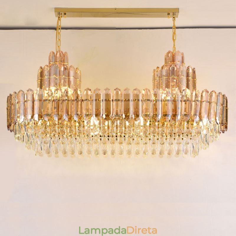 Luminária pendente de cristal retangular de luxo decorativa de teto 100cm