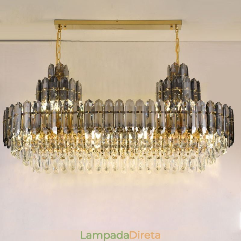 Luminária pendente de cristal retangular de luxo decorativa de teto 100cm