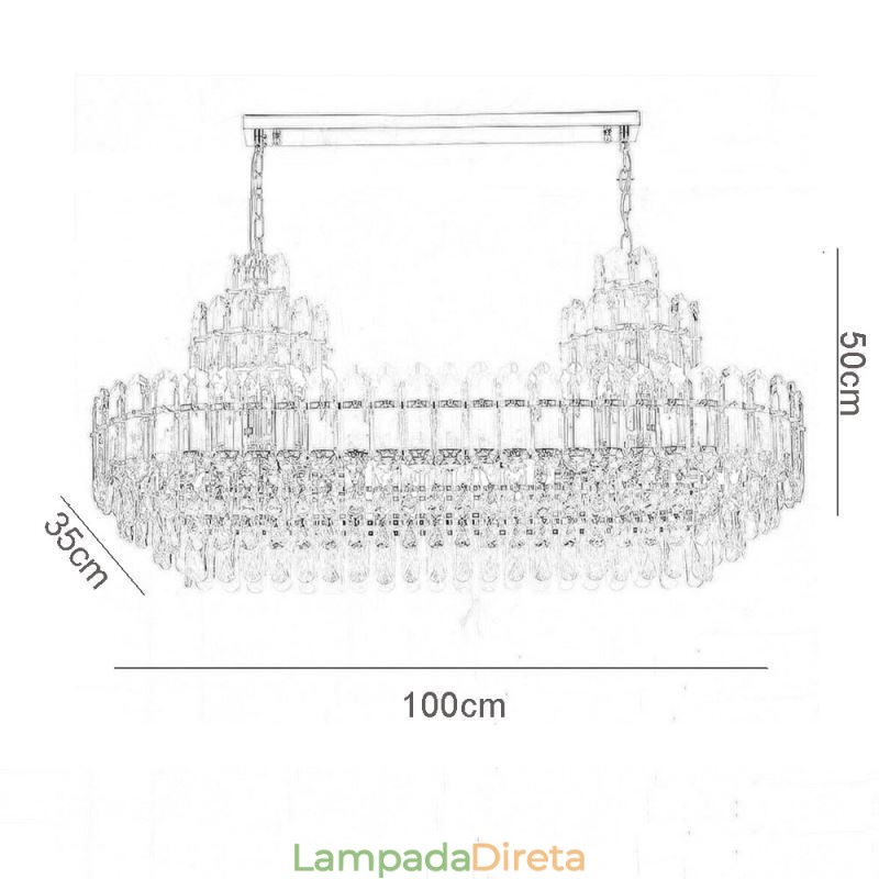 Luminária pendente de cristal retangular de luxo decorativa de teto 100cm