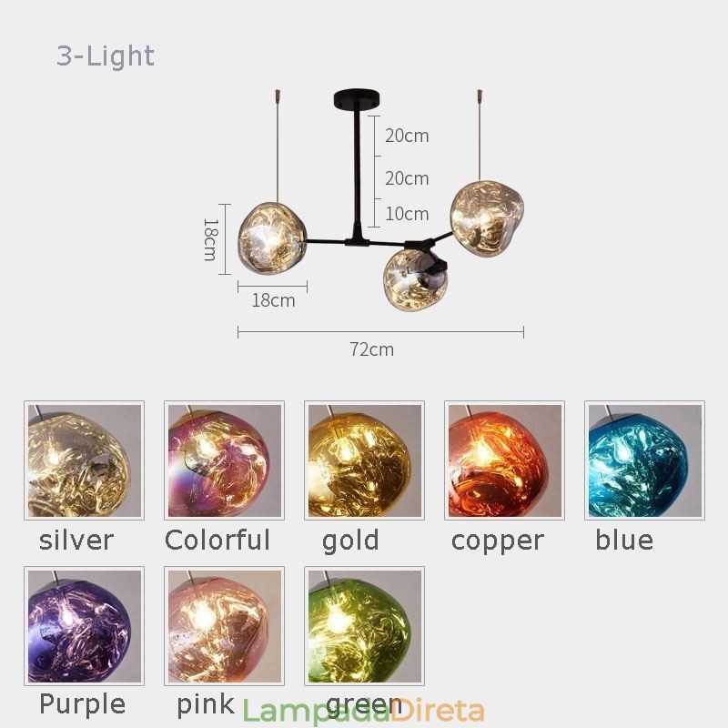 Luminária de teto nórdica moderna com abajur de vidro colorido galvanizado