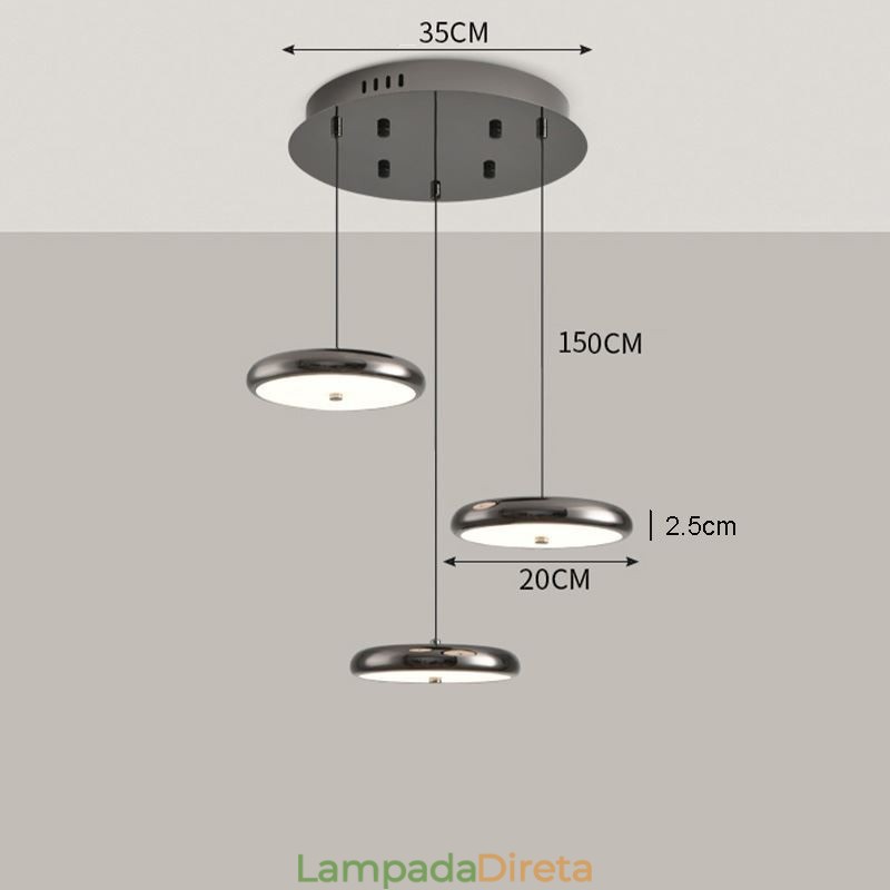 Luminária pendente com três luzes de cabeça redondas