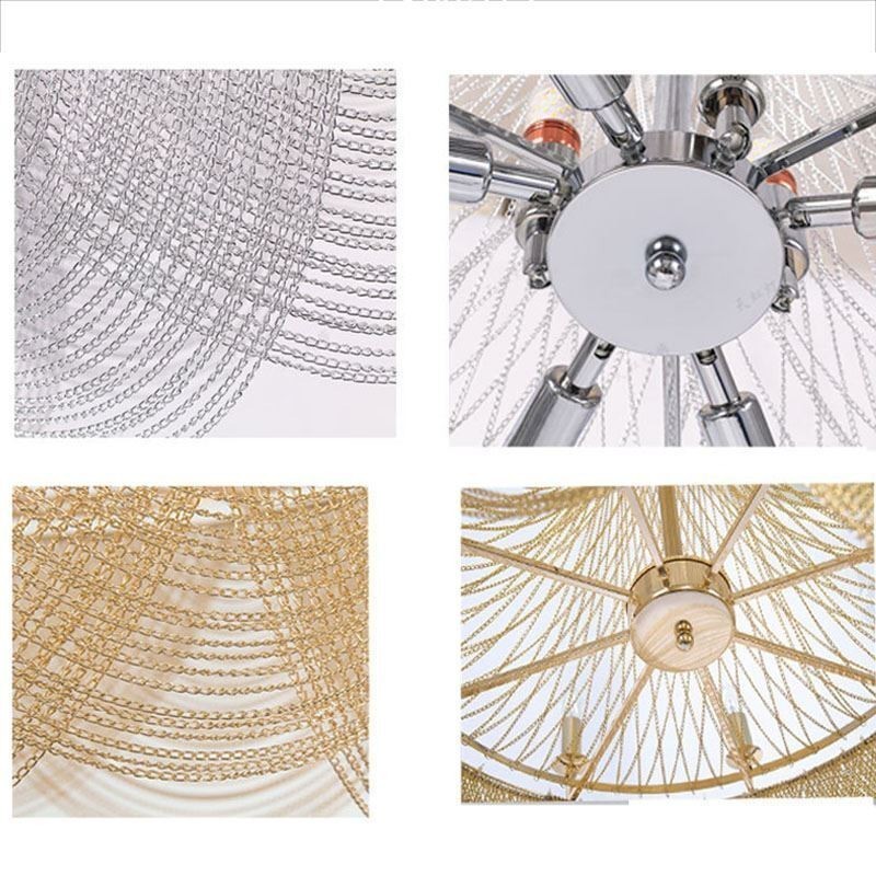 Luminária pendente de corrente de alumínio, luz criativa, luz decorativa de borla de luxo, dourada e prateada