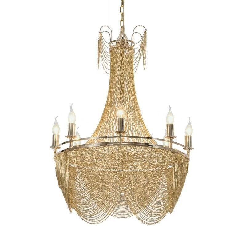 Luminária pendente de corrente de alumínio, luz criativa, luz decorativa de borla de luxo, dourada e prateada