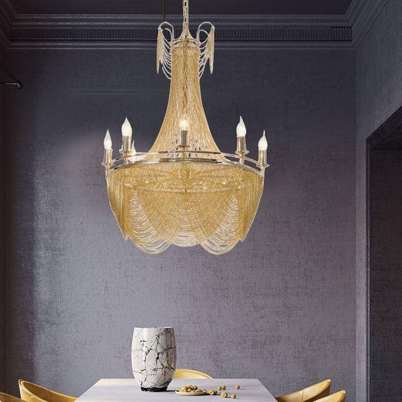 Luminária pendente de corrente de alumínio, luz criativa, luz decorativa de borla de luxo, dourada e prateada