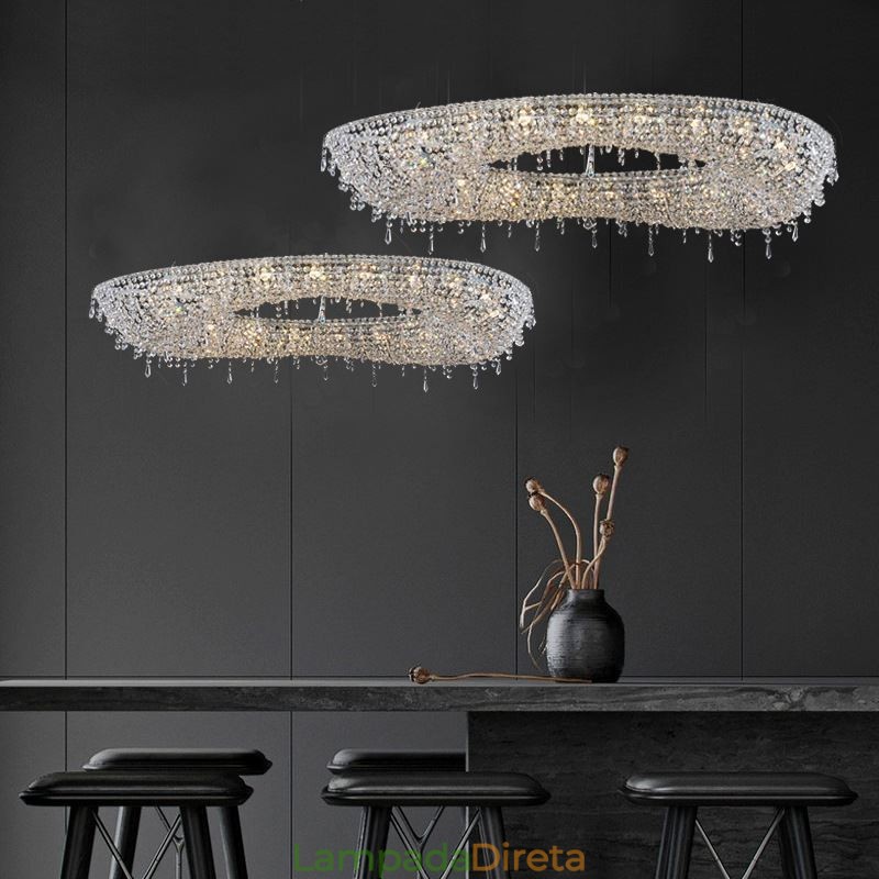 Luminária pendente de cristal moderna e luxuosa, luminária de teto oval