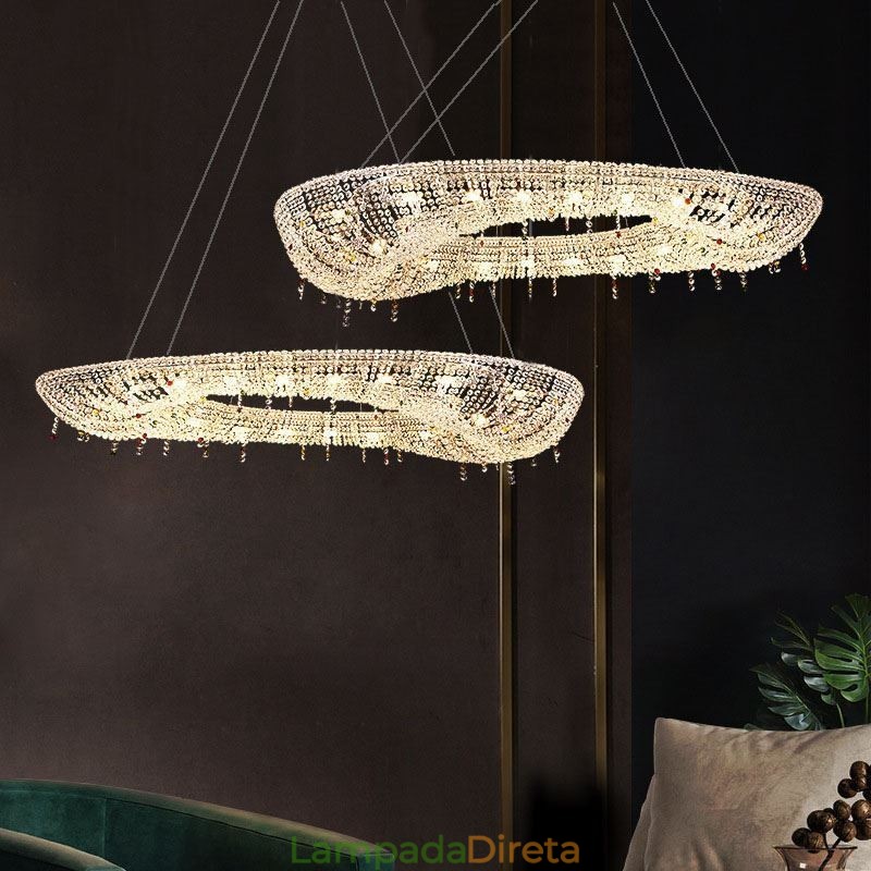 Luminária pendente de cristal moderna e luxuosa, luminária de teto oval