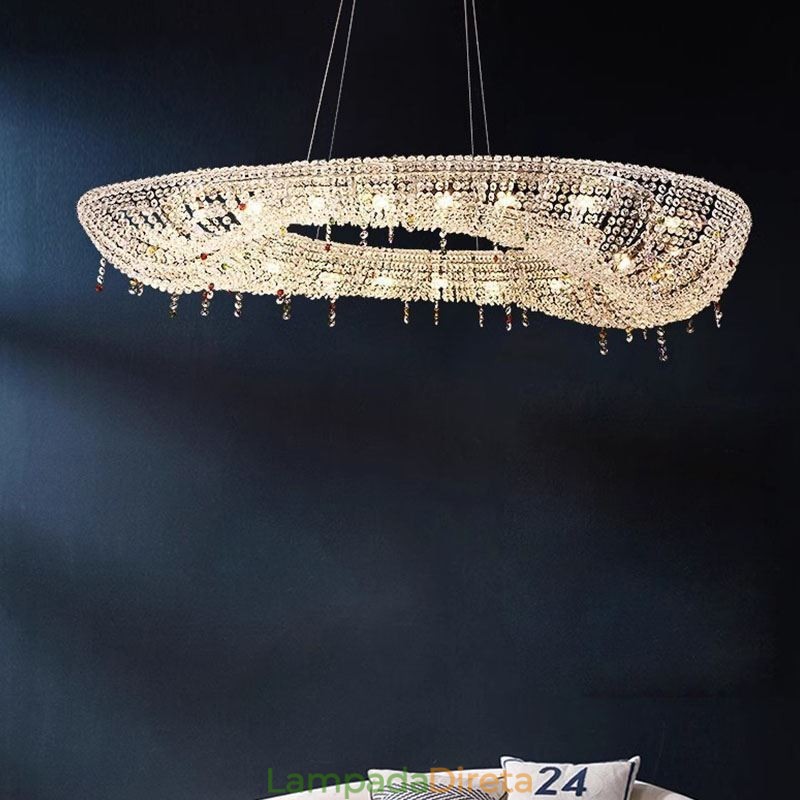 Luminária pendente de cristal moderna e luxuosa, luminária de teto oval