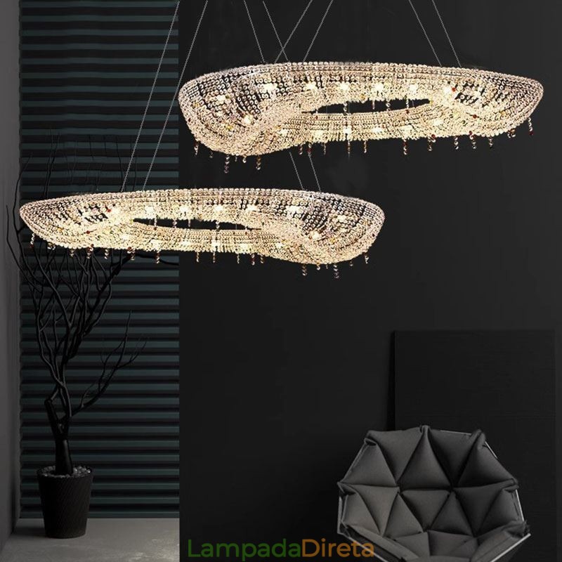 Luminária pendente de cristal moderna e luxuosa, luminária de teto oval
